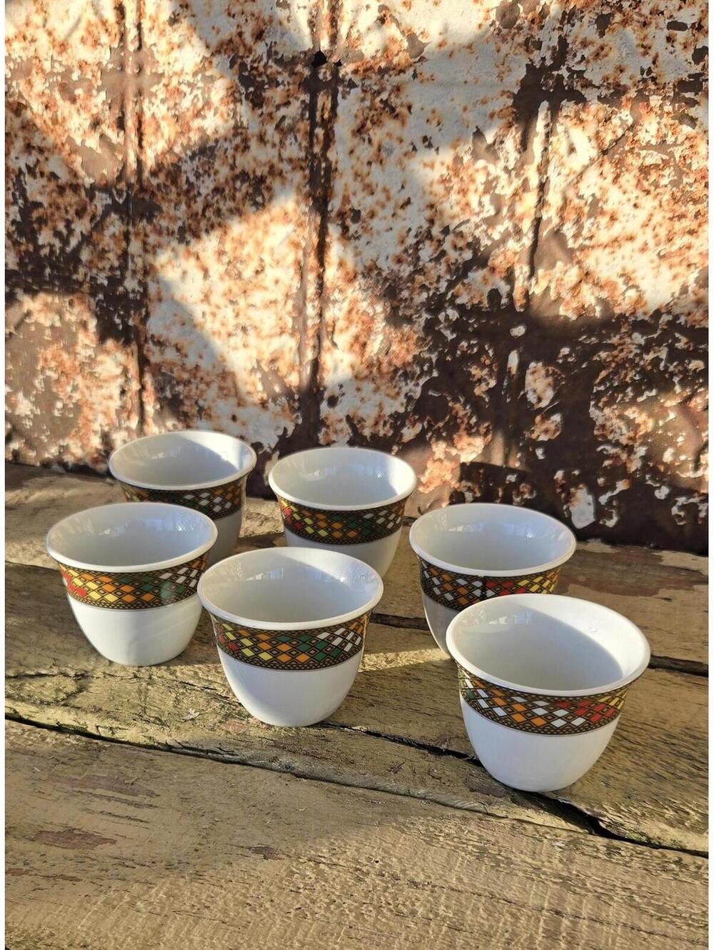 Vintage Set of 6 porcelain coffee cups Ethiopian traditional geometric pattern